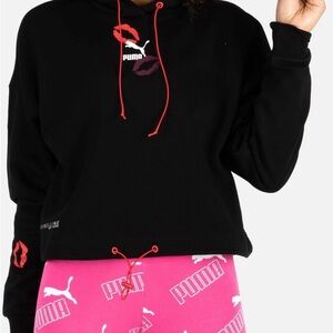 Puma Maybelline Black Hoodie with Hot Pink Drawcord and Lip Prints- MEDIUM, NWT